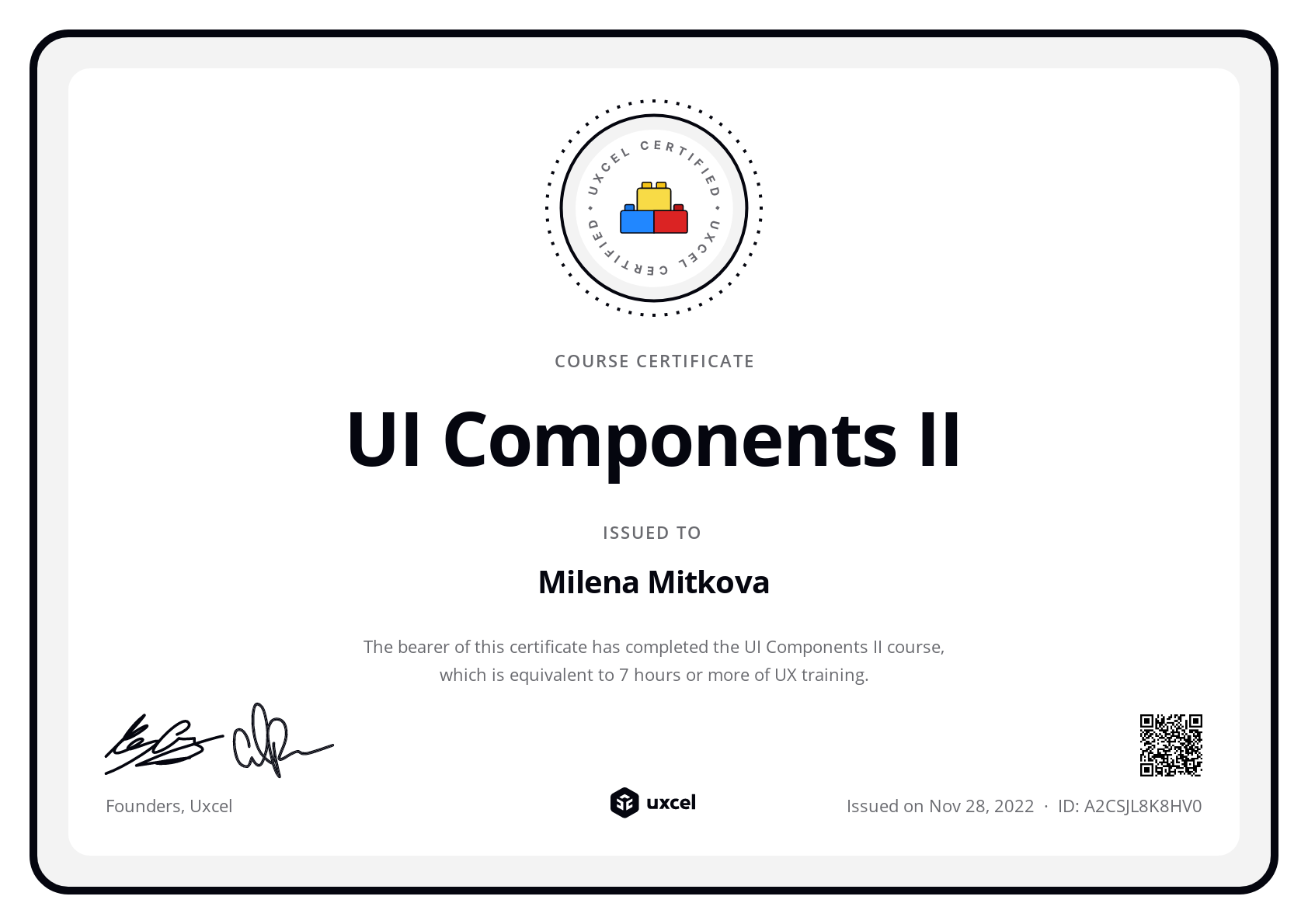 Milena Mitkova's certificate